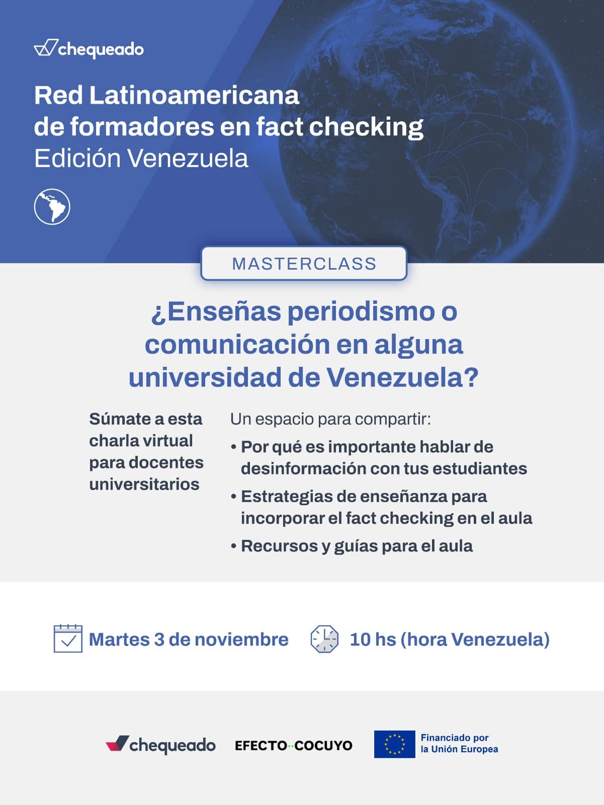 Chequeado y Efecto Cocuyo convocan a docentes universitarios a clase magistral sobre desinformación y factchecking