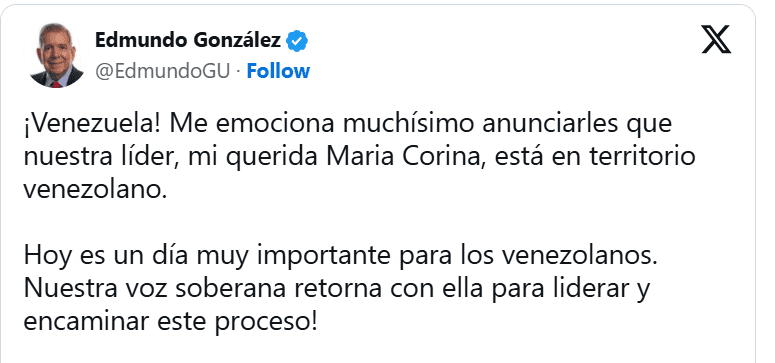 María Corina Machado está en Venezuela, dice Edmundo González