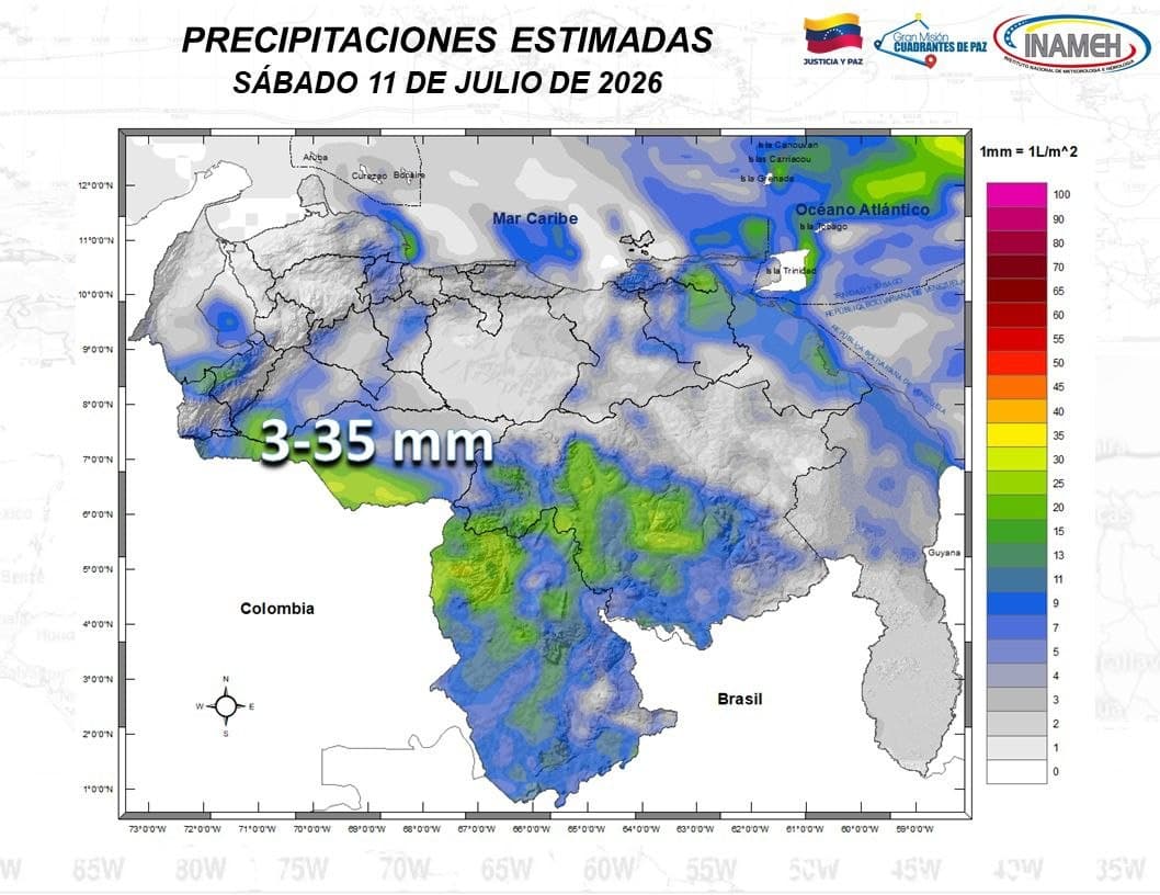 Inameh: Pronóstico de lluvias y tormentas eléctricas en Venezuela (11Jul)