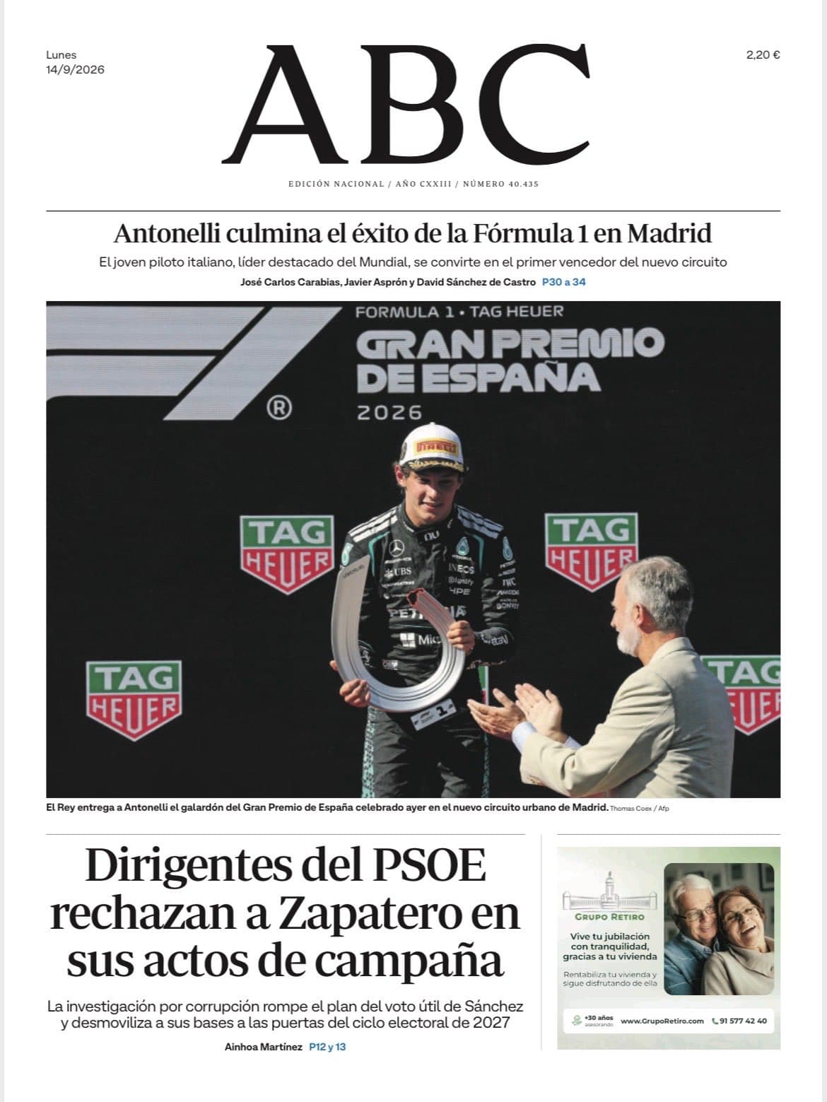 Las portadas internacionales del lunes 14 de septiembre de 2026